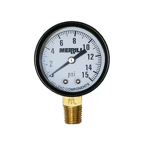 0-15 LB. PRESSURE GAUGE- NO LEAD, CAN BE USED FOR AIR, WATER, STEAM, AND OTHER PRESSURE APPLICATIONS.